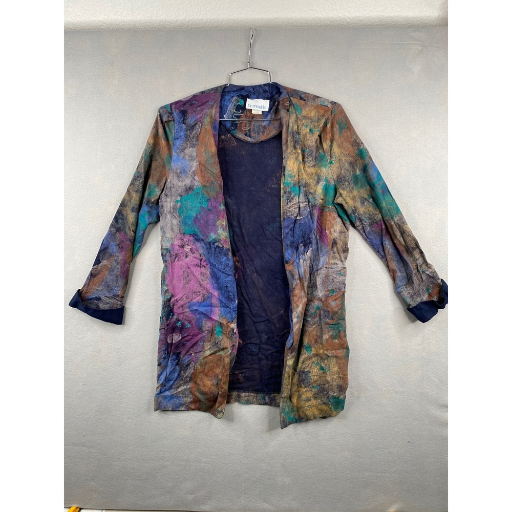 Vintage Periwinkle Abstract Painterly Open Front Cardigan Jacket Navy Cuffs 14